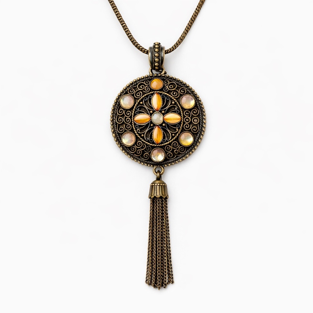Vintage Avon Bronze Medallion Tassel Necklace With Amber Glass Stones & Scroll D